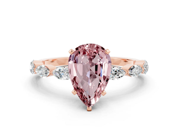 Rose gold Pear Cut Morganite Ring with Marquise Side Stones and Prong Setting