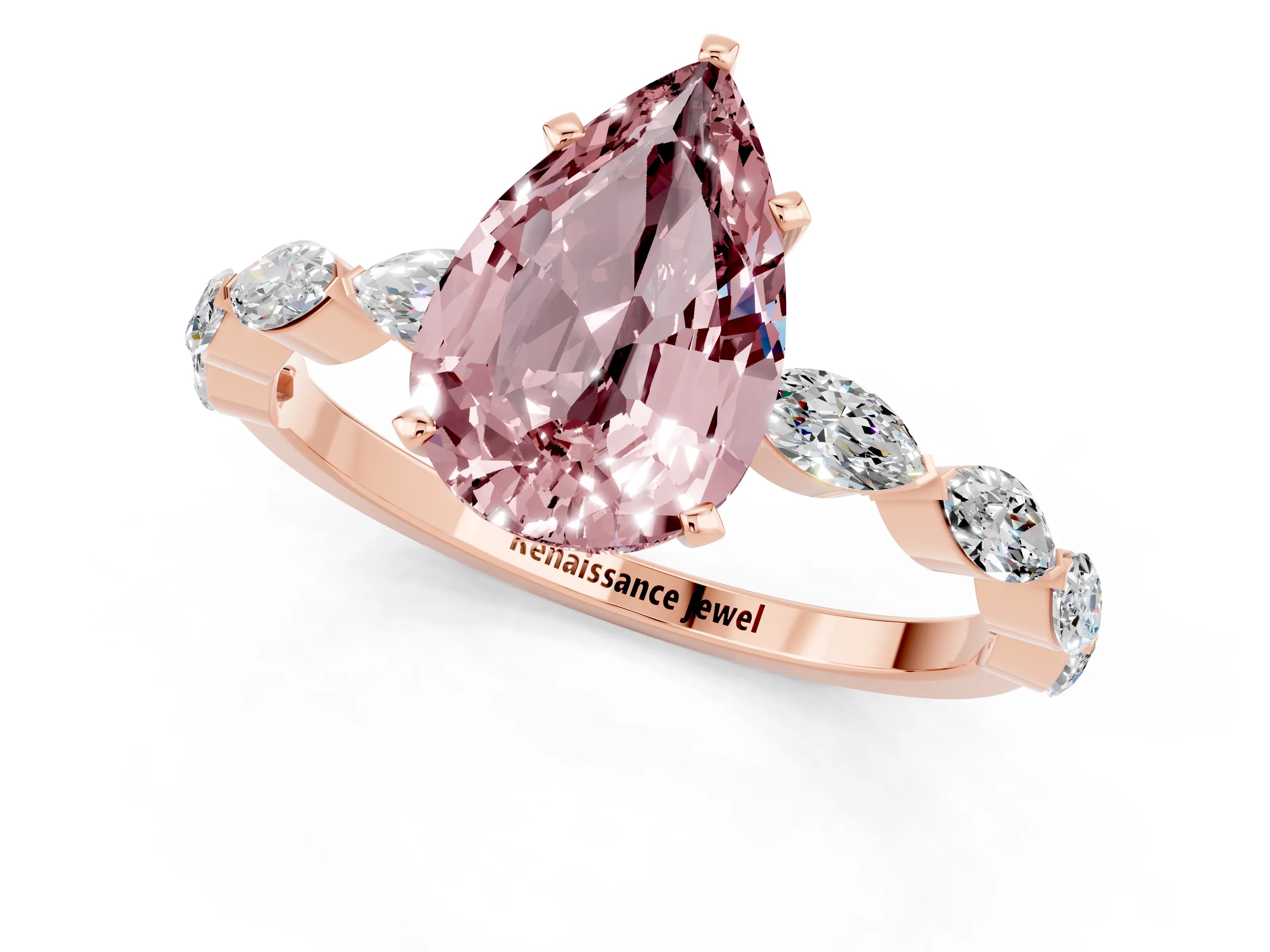 Rose gold Pear Cut Morganite Ring with Marquise Side Stones and Prong Setting_1