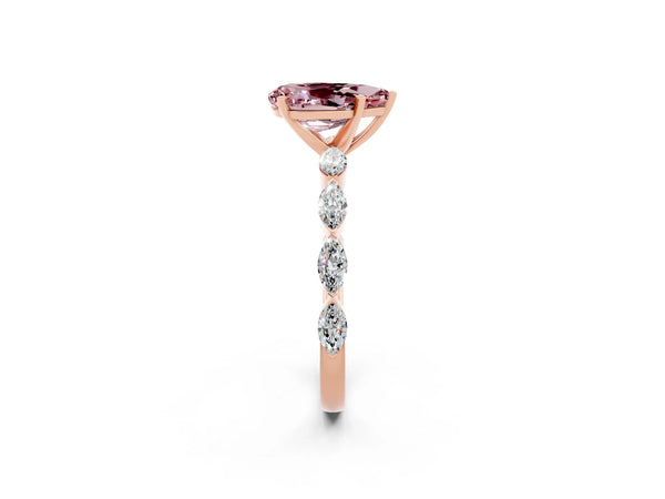 Rose gold Pear Cut Morganite Ring with Marquise Side Stones and Prong Setting