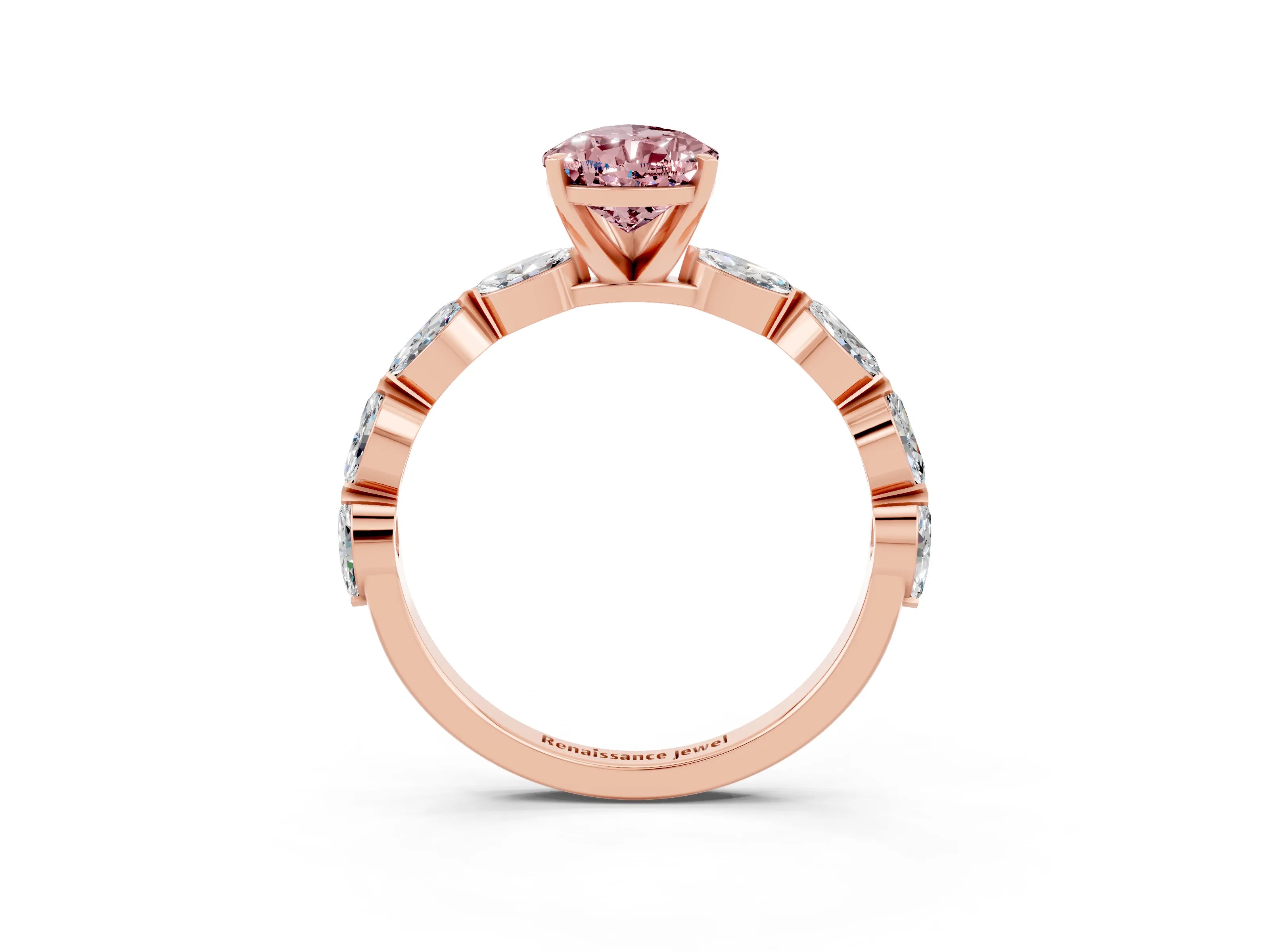 Rose gold Pear Cut Morganite Ring with Marquise Side Stones and Prong Setting_3