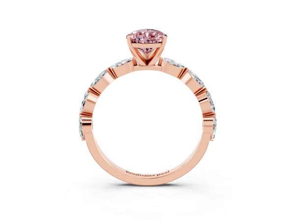 Rose gold Pear Cut Morganite Ring with Marquise Side Stones and Prong Setting