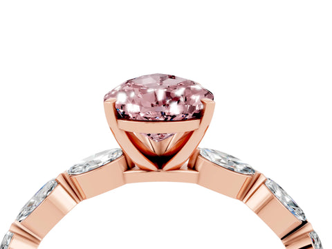 Rose gold Pear Cut Morganite Ring with Marquise Side Stones and Prong Setting_4