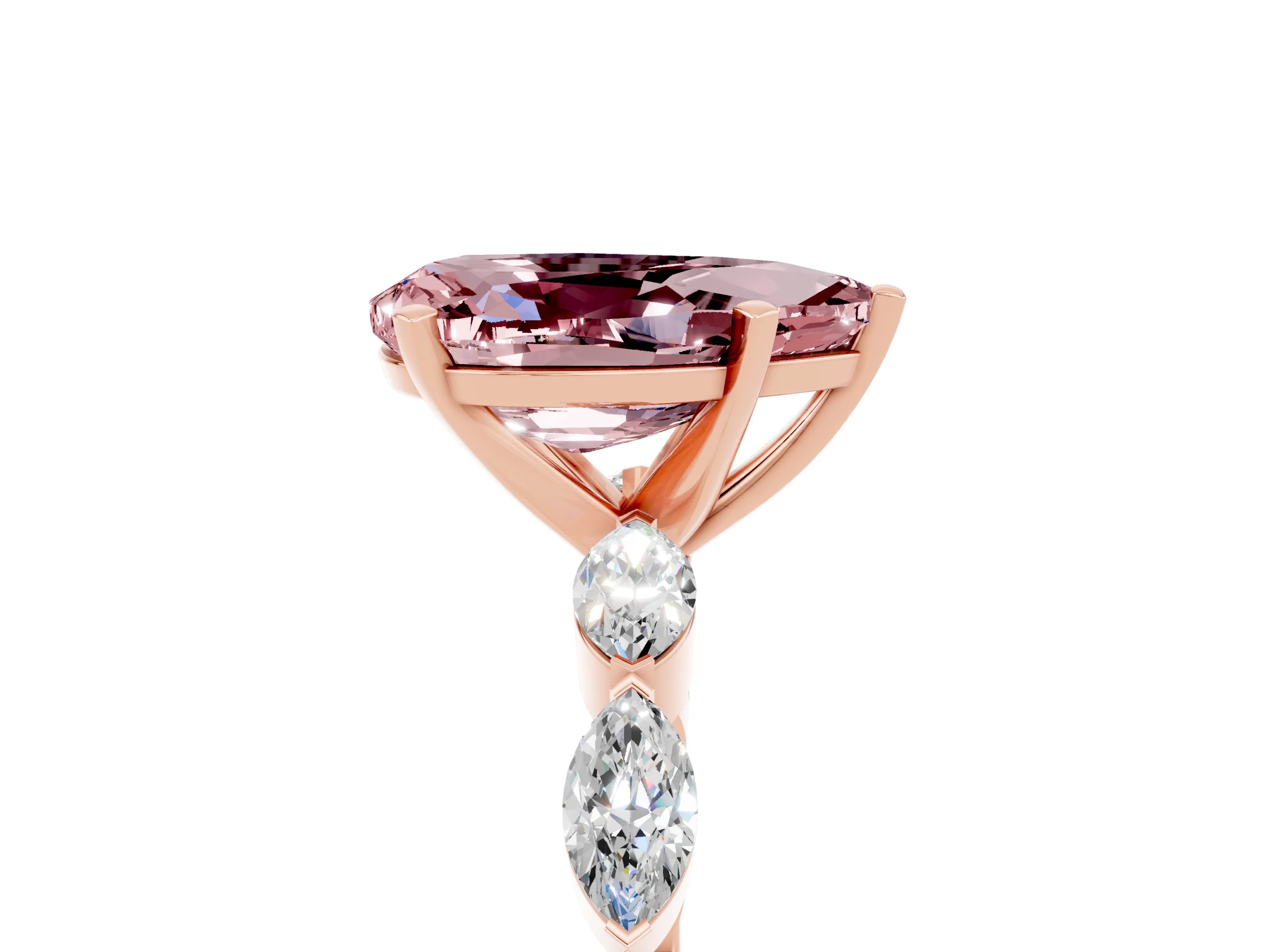 Rose gold Pear Cut Morganite Ring with Marquise Side Stones and Prong Setting_5