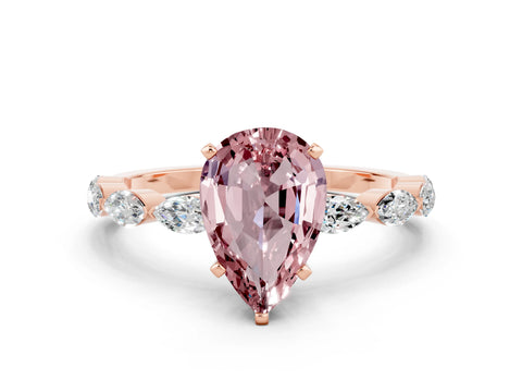 Rose gold Pear Cut Morganite Ring with Marquise Side Stones and Prong Setting