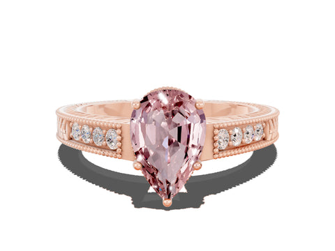 Rose gold Pear Cut Morganite Ring with Milgrain Pavé Band and Four-Prong Setting_12