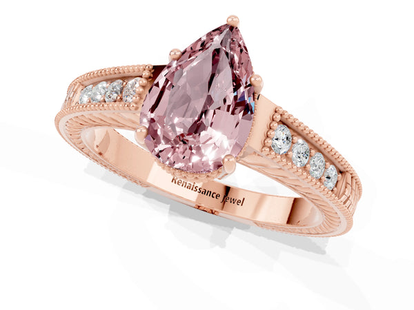 Rose gold Pear Cut Morganite Ring with Milgrain Pavé Band and Four-Prong Setting
