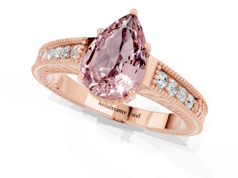 Rose gold Pear Cut Morganite Ring with Milgrain Pavé Band and Four-Prong Setting_13