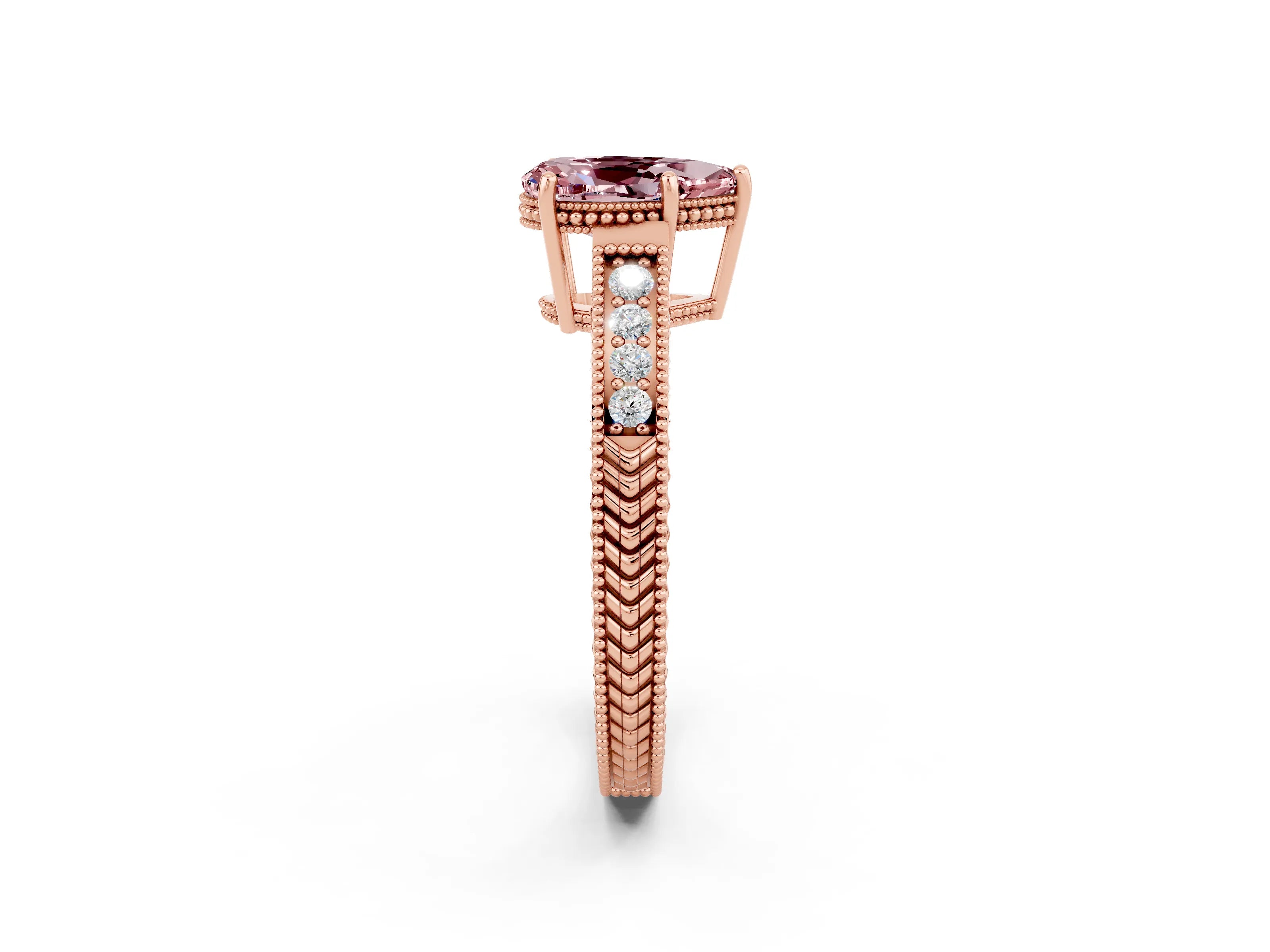 Rose gold Pear Cut Morganite Ring with Milgrain Pavé Band and Four-Prong Setting_14