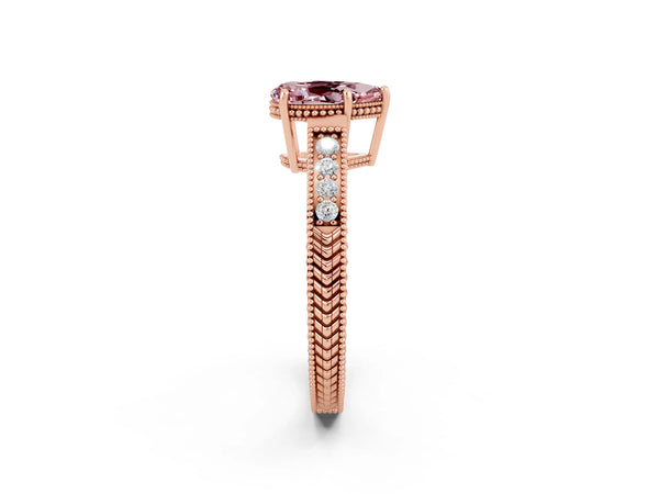 Rose gold Pear Cut Morganite Ring with Milgrain Pavé Band and Four-Prong Setting