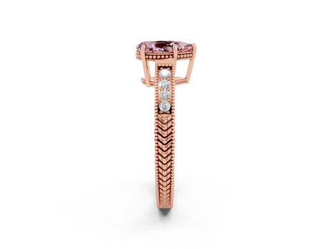 Rose gold Pear Cut Morganite Ring with Milgrain Pavé Band and Four-Prong Setting_14