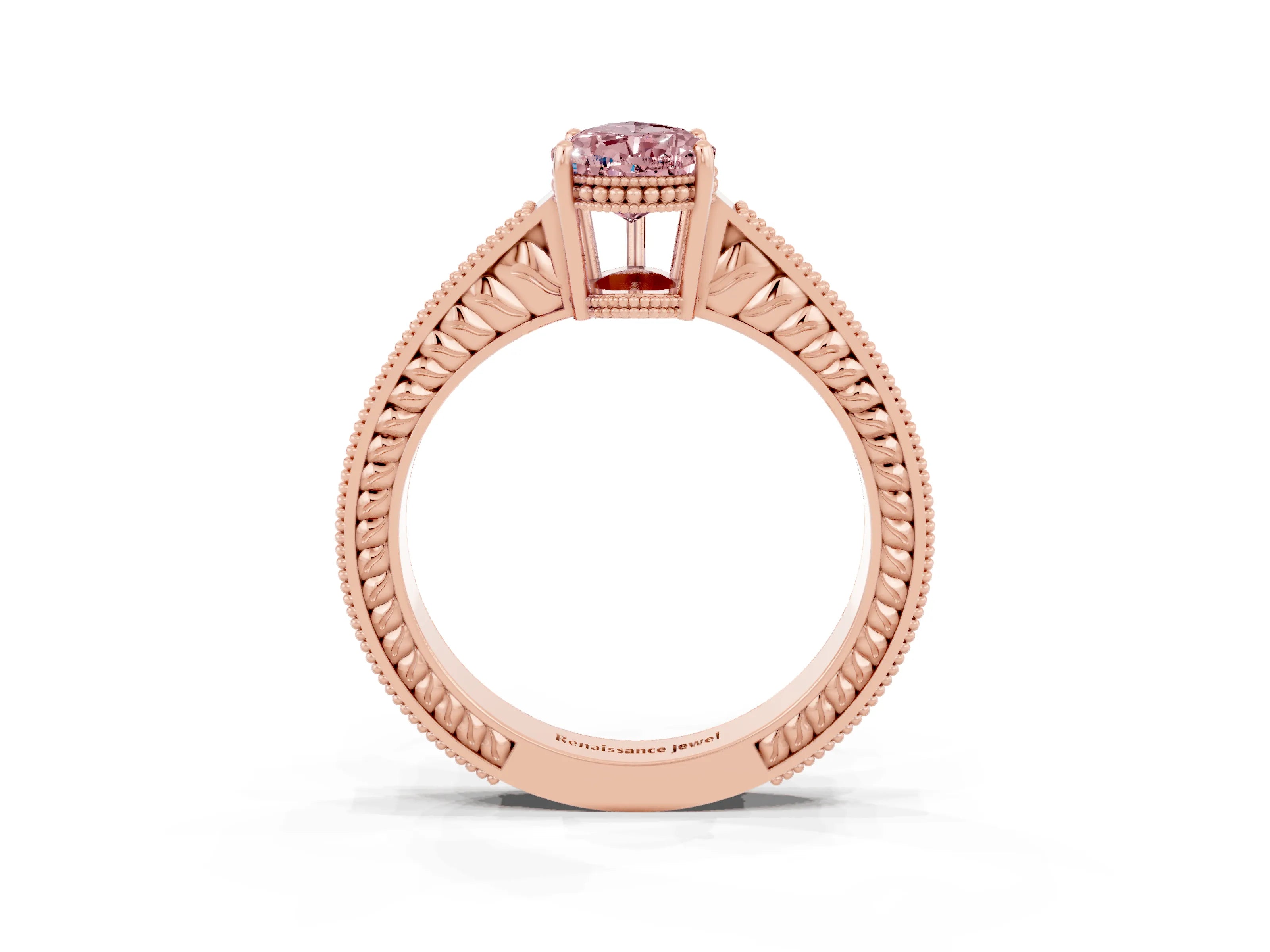 Rose gold Pear Cut Morganite Ring with Milgrain Pavé Band and Four-Prong Setting_15