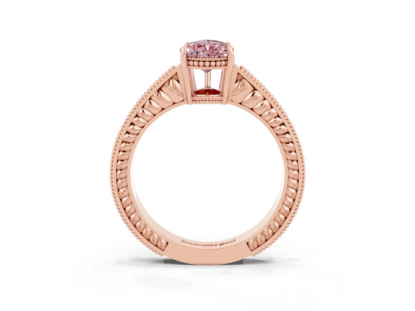 Rose gold Pear Cut Morganite Ring with Milgrain Pavé Band and Four-Prong Setting