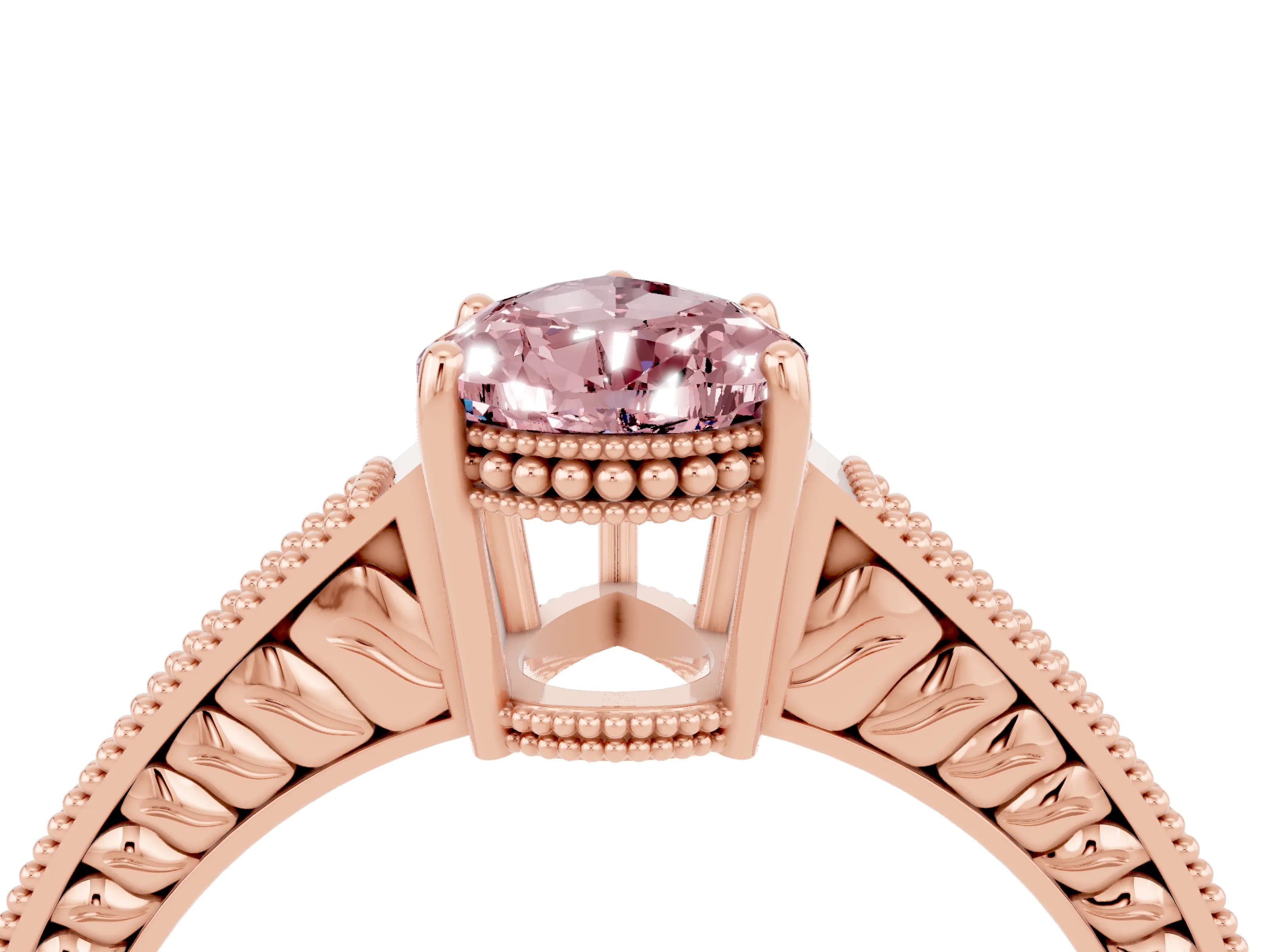 Rose gold Pear Cut Morganite Ring with Milgrain Pavé Band and Four-Prong Setting_16