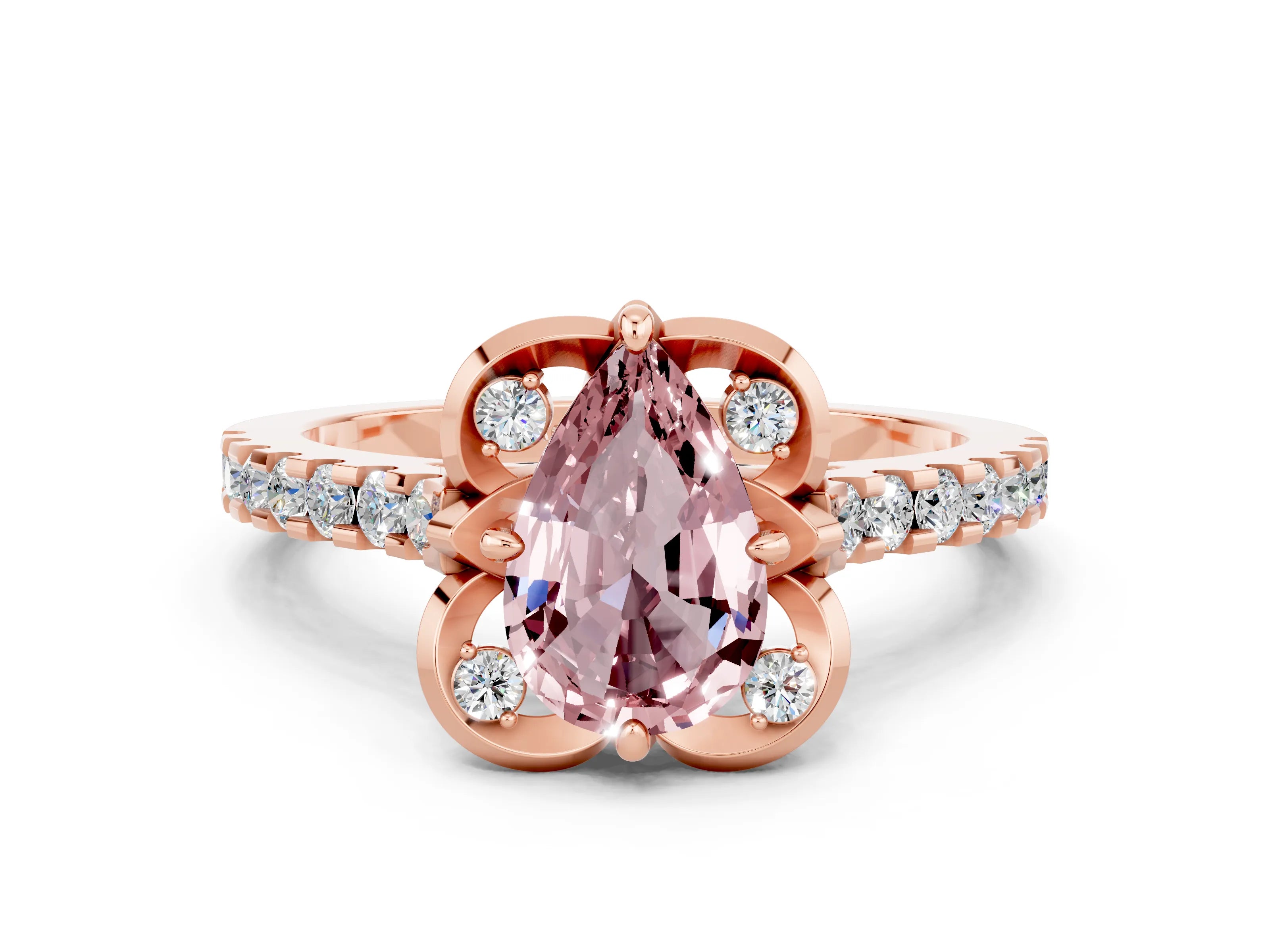 Rose gold Pear Cut Morganite Ring with Pavé Band and Floral Prong Setting