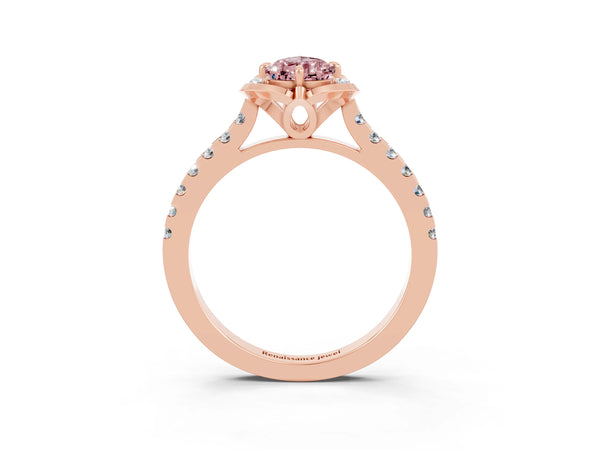 Rose gold Pear Cut Morganite Ring with Pavé Band and Floral Prong Setting