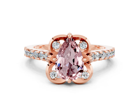 Rose gold Pear Cut Morganite Ring with Pavé Band and Floral Prong Setting
