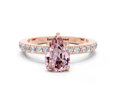 Rose gold Pear Cut Morganite Ring with Pavé Band and Four-Prong Setting