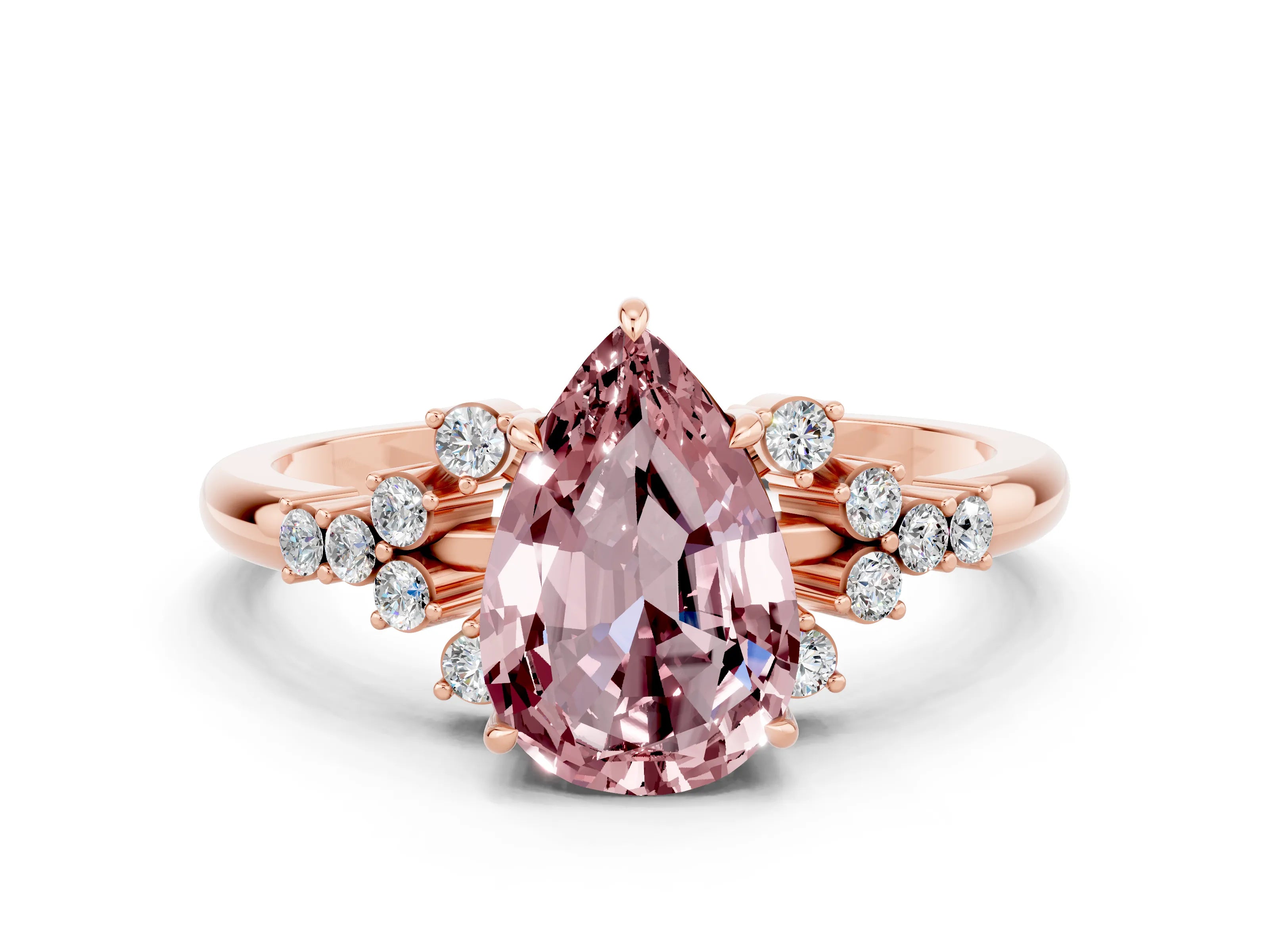 Rose gold Pear Cut Morganite Ring with Side Stones and Four-Prong Setting_36