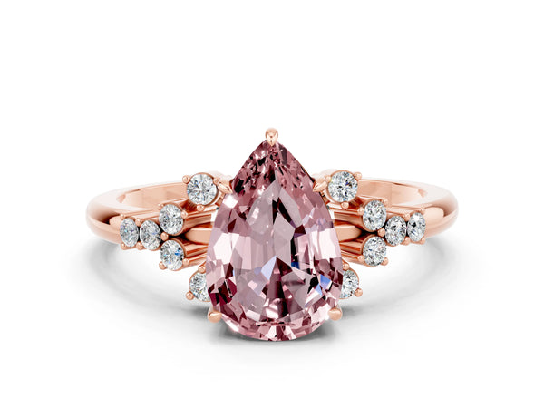 Rose gold Pear Cut Morganite Ring with Side Stones and Four-Prong Setting