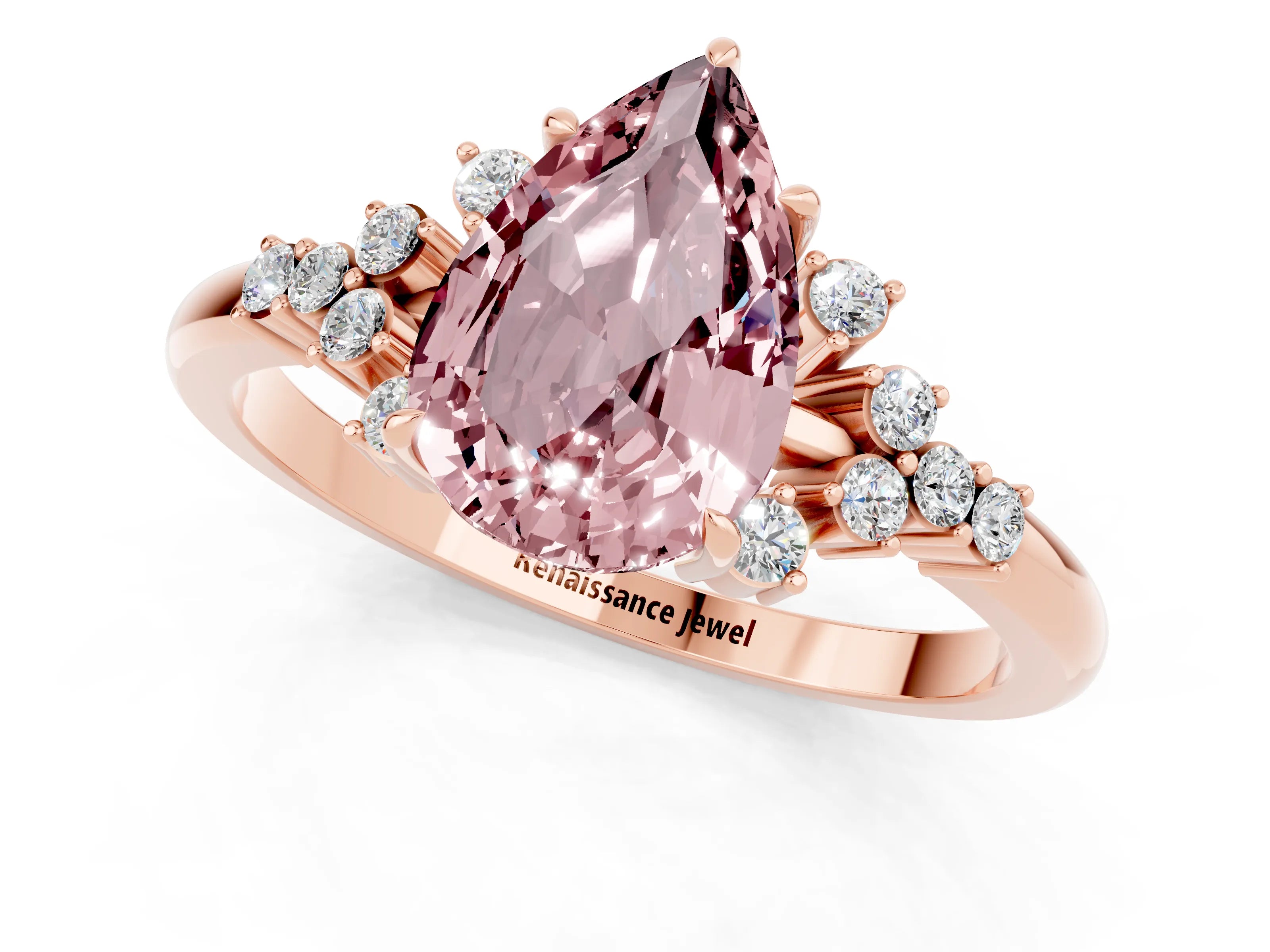 Rose gold Pear Cut Morganite Ring with Side Stones and Four-Prong Setting_37