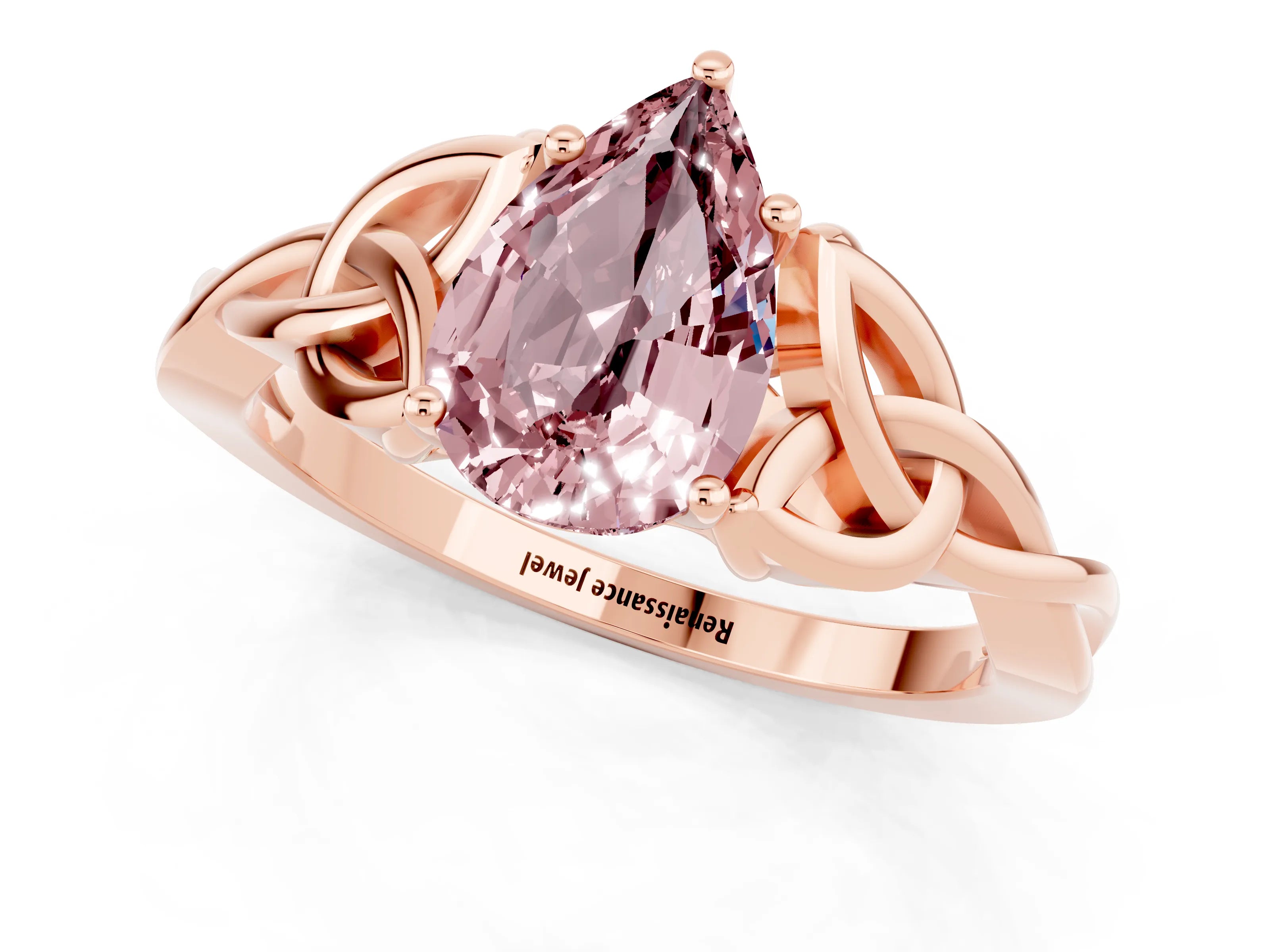 Rose gold Pear Cut Morganite Solitaire Celtic Knot Ring with Four-Prong Setting_13