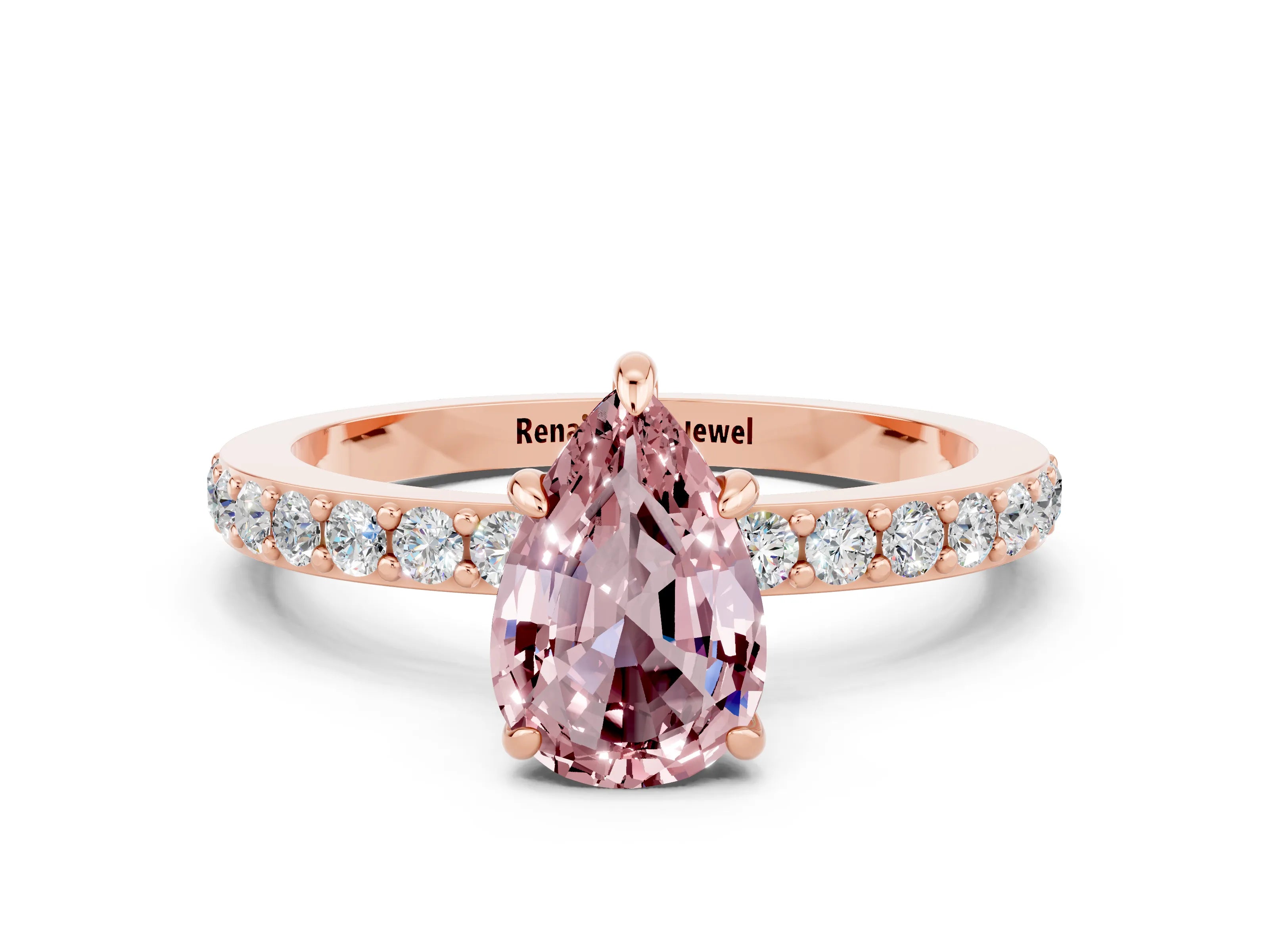 Rose gold Pear Cut Morganite Solitaire Engagement Ring with Pavé Band and Four-Prong Setting