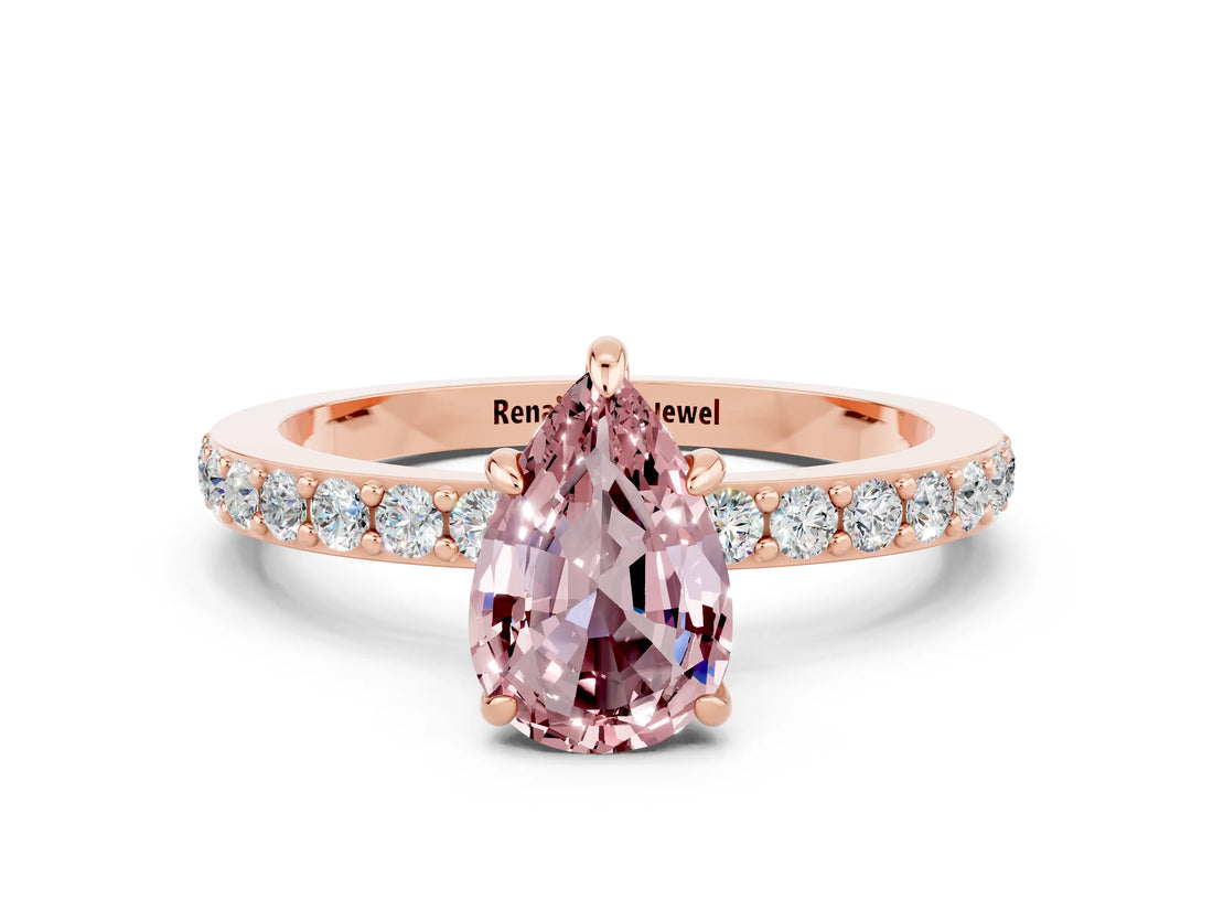 Rose gold Pear Cut Morganite Solitaire Engagement Ring with Pavé Band and Four-Prong Setting