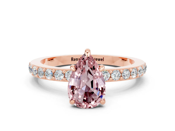 Rose gold Pear Cut Morganite Solitaire Engagement Ring with Pavé Band and Four-Prong Setting