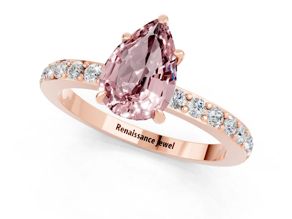 Rose gold Pear Cut Morganite Solitaire Engagement Ring with Pavé Band and Four-Prong Setting