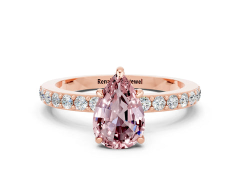 Rose gold Pear Cut Morganite Solitaire Engagement Ring with Pavé Band and Four-Prong Setting