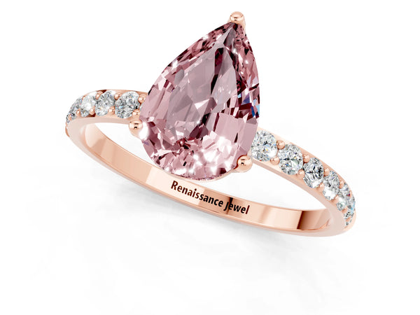 Rose gold Pear Cut Morganite Solitaire Engagement Ring with Round  Pavé Band and Prong Setting