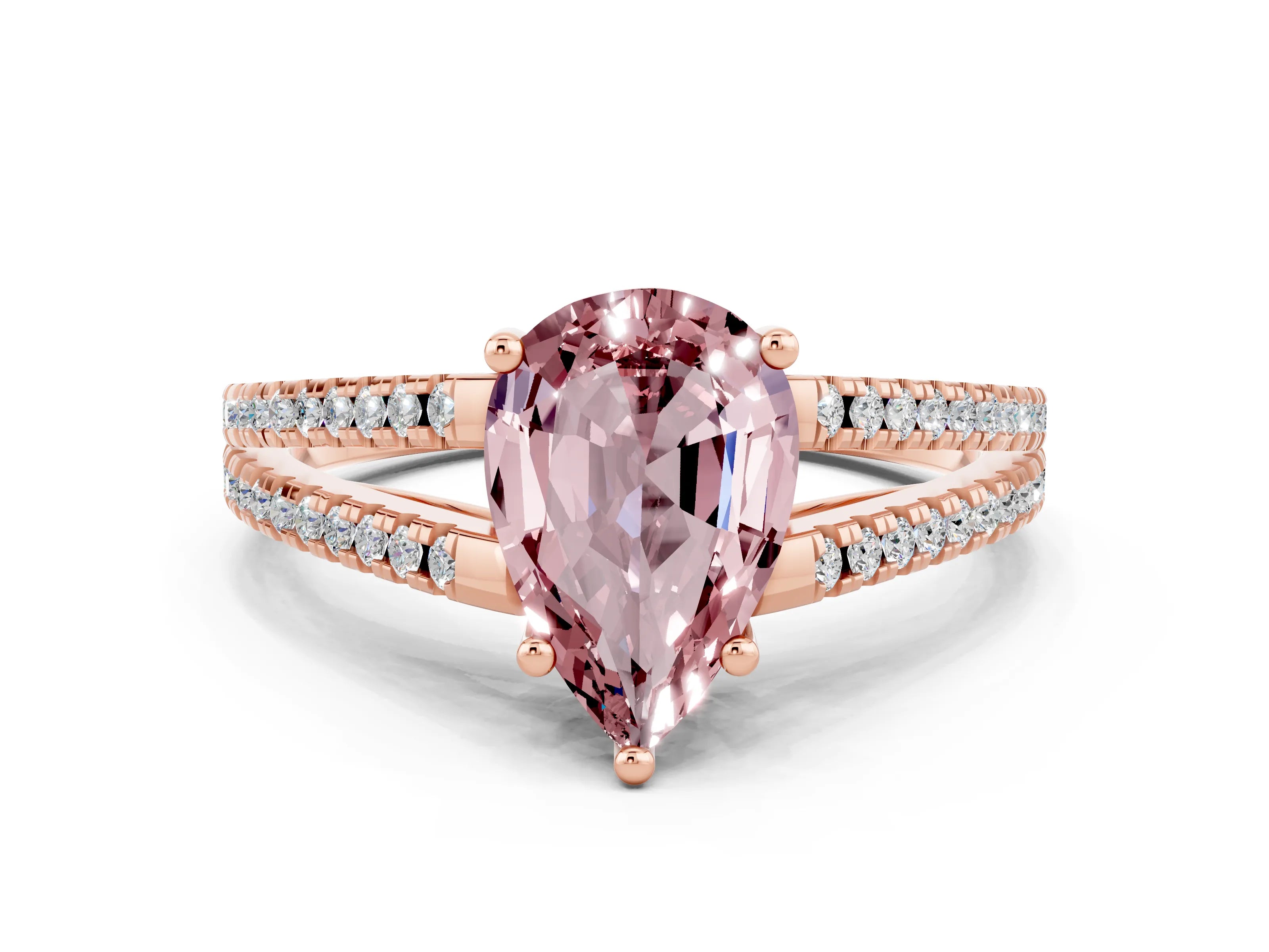 Rose gold Pear Cut Morganite Solitaire Engagement Ring with Split Shank Pavé Band