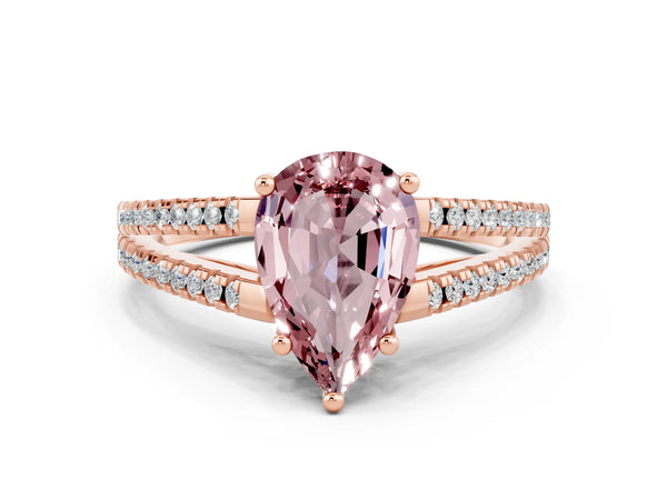 Rose gold Pear Cut Morganite Solitaire Engagement Ring with Split Shank Pavé Band