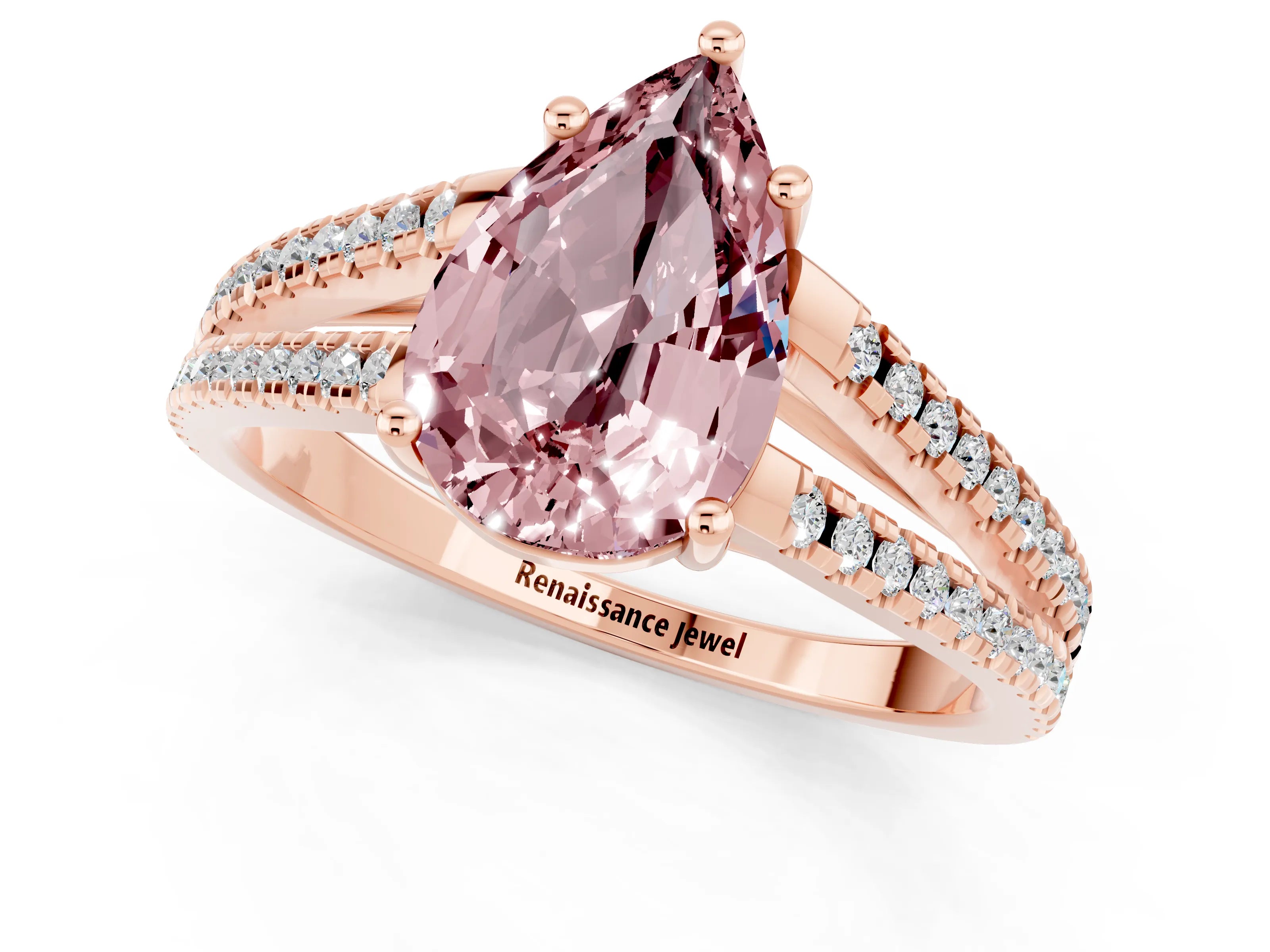 Rose gold Pear Cut Morganite Solitaire Engagement Ring with Split Shank Pavé Band_1