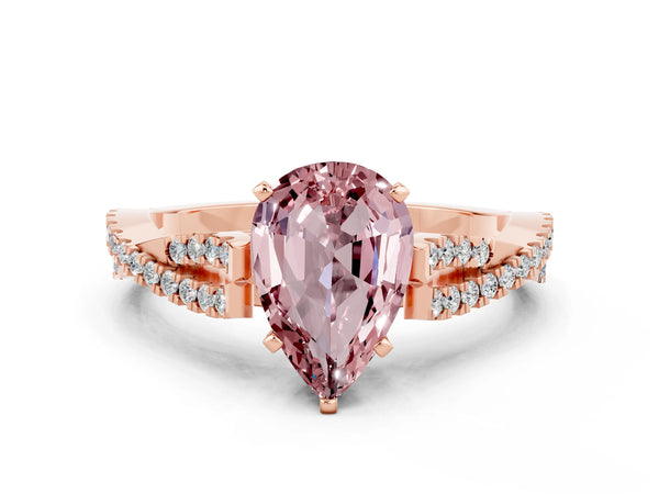 Rose gold Pear Cut Morganite Solitaire Engagement Ring with Twisted Pavé Band and Four-Prong Setting