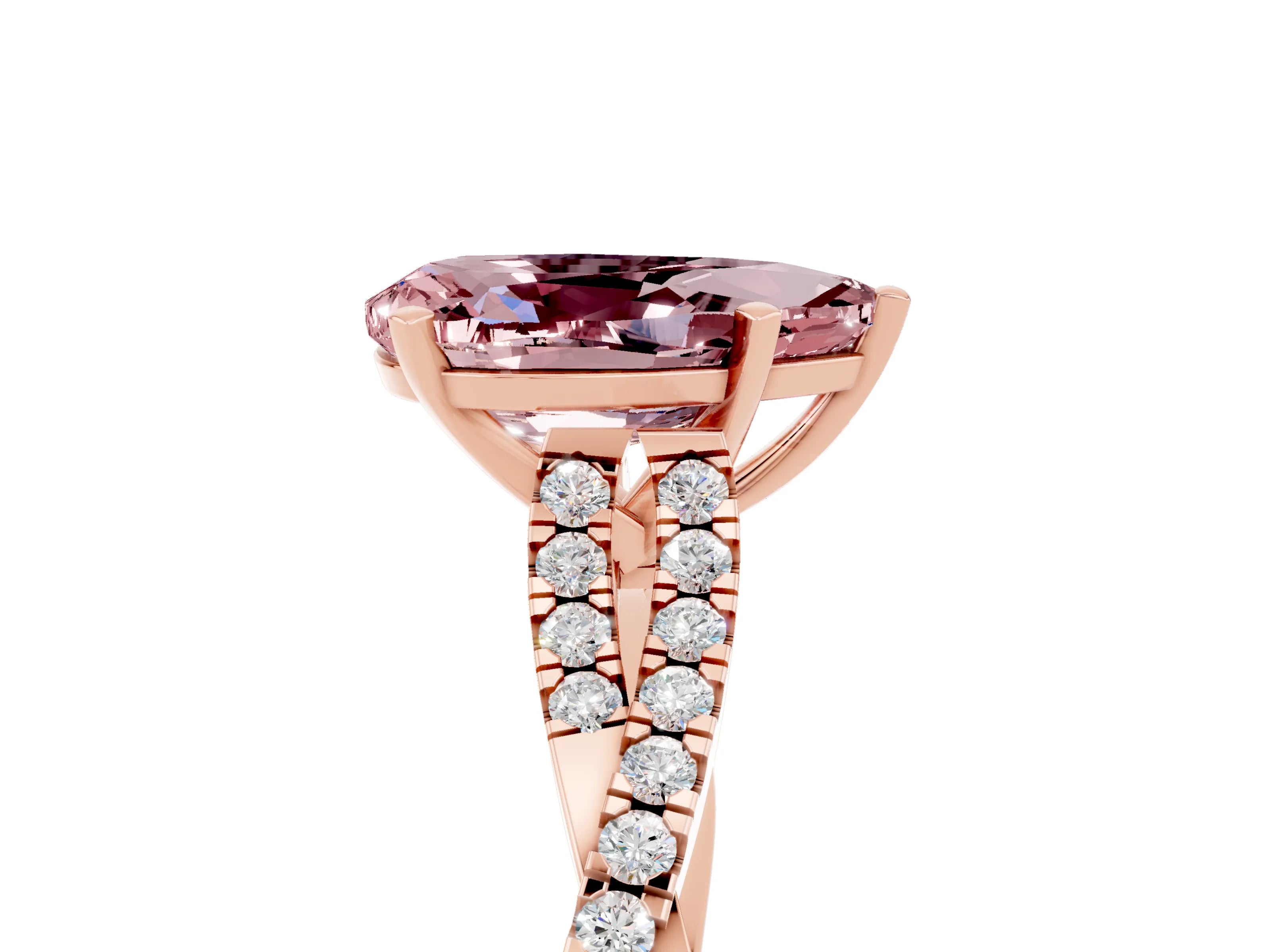 Rose gold Pear Cut Morganite Solitaire Engagement Ring with Twisted Pavé Band and Four-Prong Setting_5