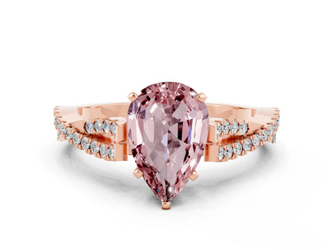 Rose gold Pear Cut Morganite Solitaire Engagement Ring with Twisted Pavé Band and Four-Prong Setting