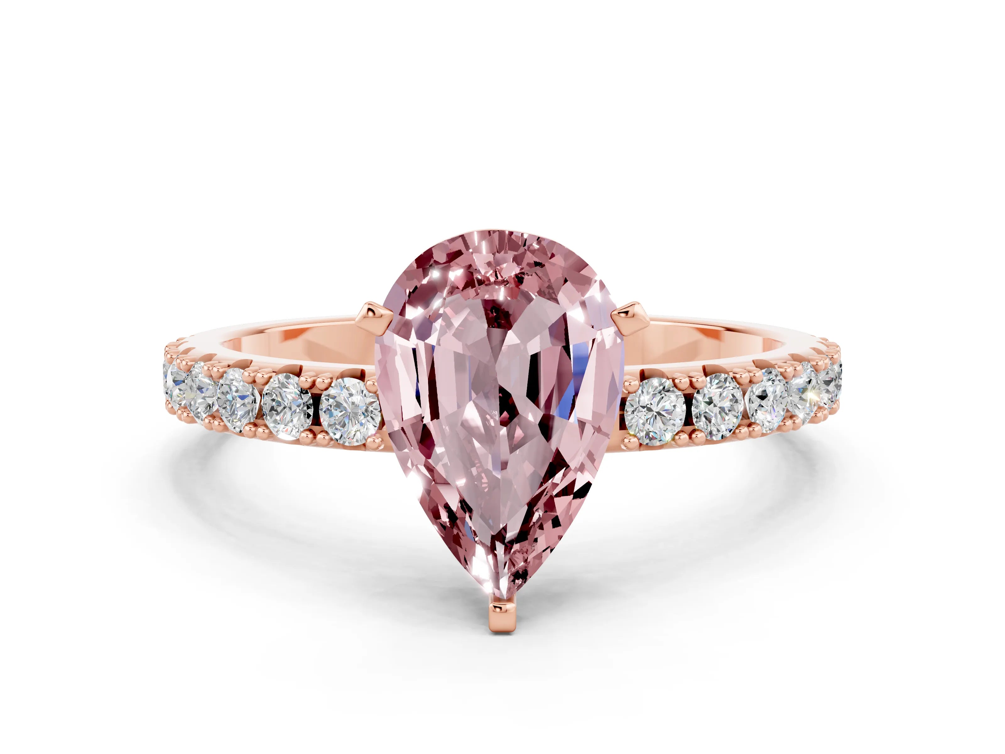 Rose gold Pear Cut Morganite Solitaire Pavé Band with Four-Prong Setting