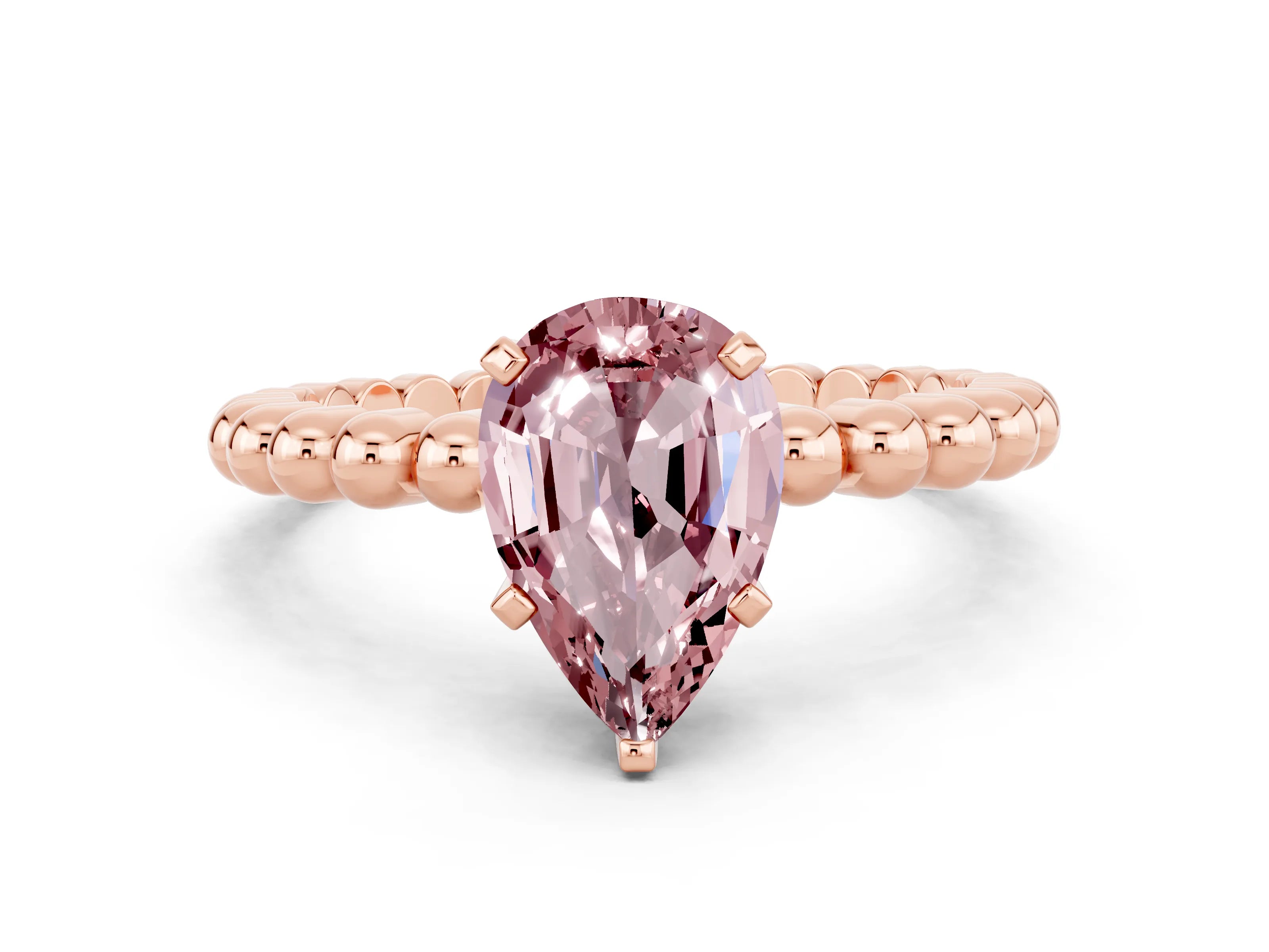 Rose gold Pear Cut Morganite Solitaire Ring with Beaded Band and Prong Setting
