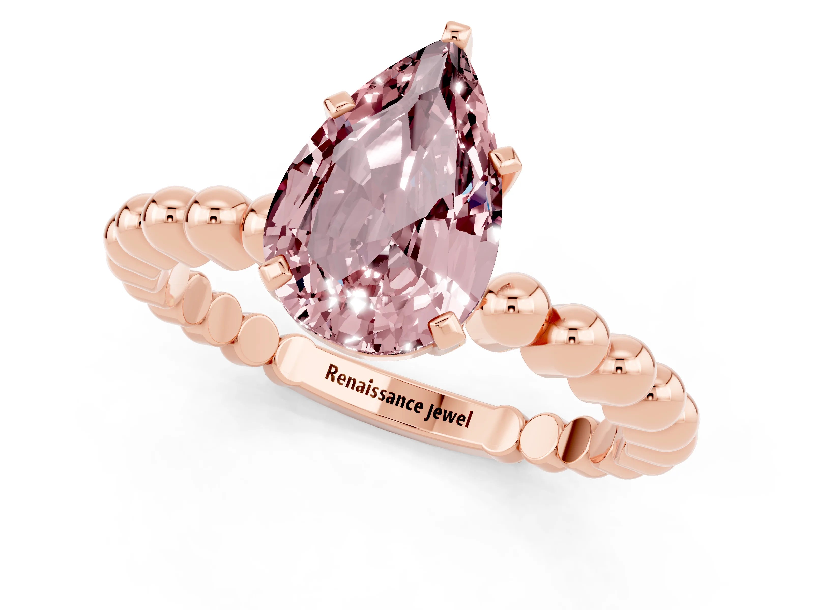 Rose gold Pear Cut Morganite Solitaire Ring with Beaded Band and Prong Setting_1