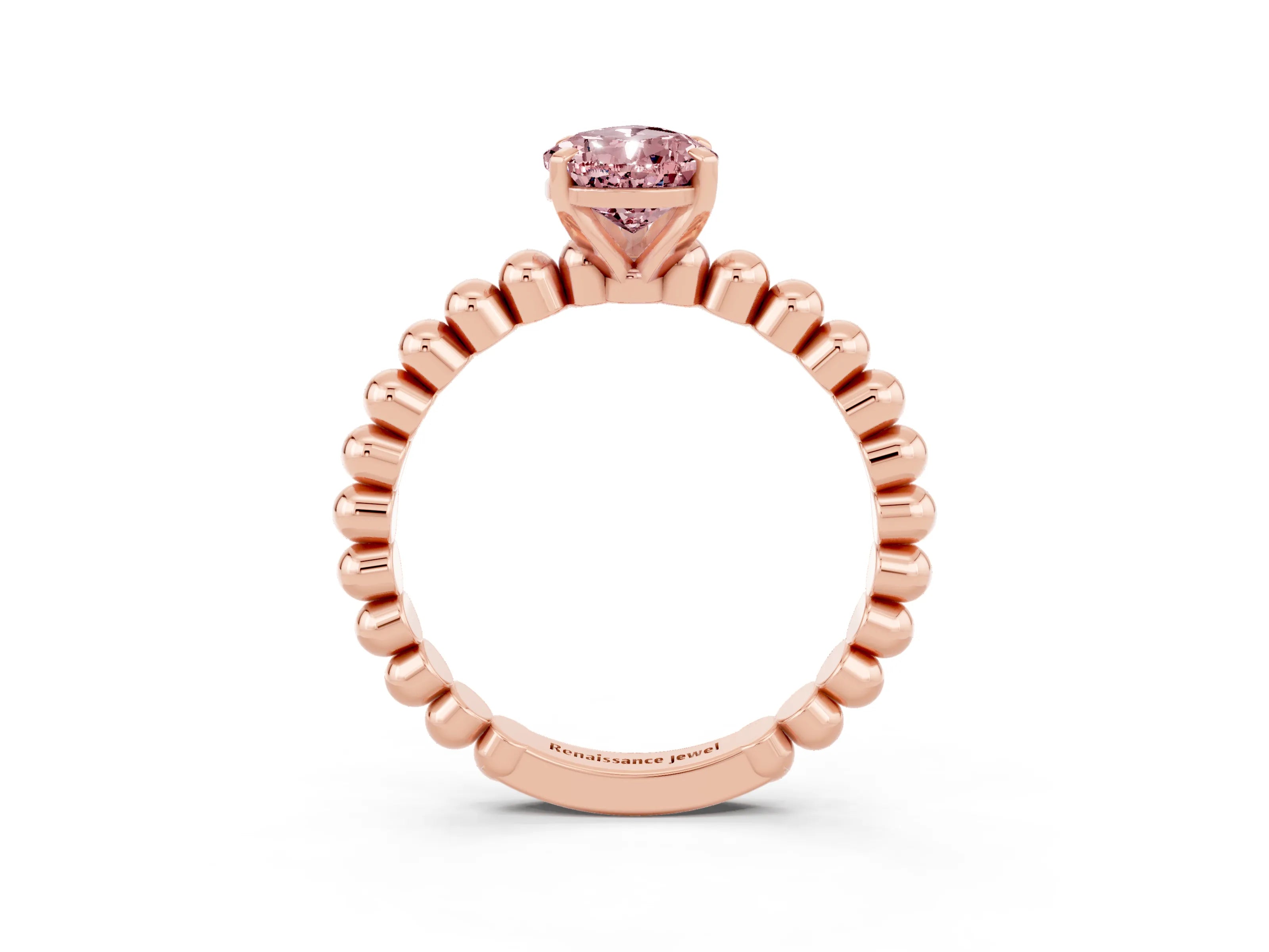 Rose gold Pear Cut Morganite Solitaire Ring with Beaded Band and Prong Setting_3