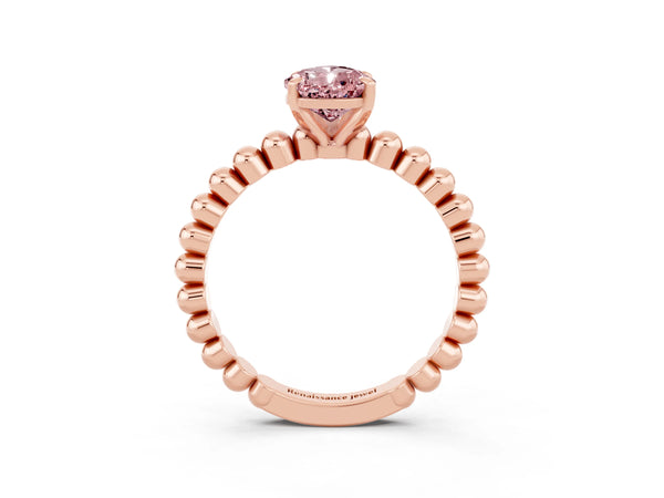 Rose gold Pear Cut Morganite Solitaire Ring with Beaded Band and Prong Setting