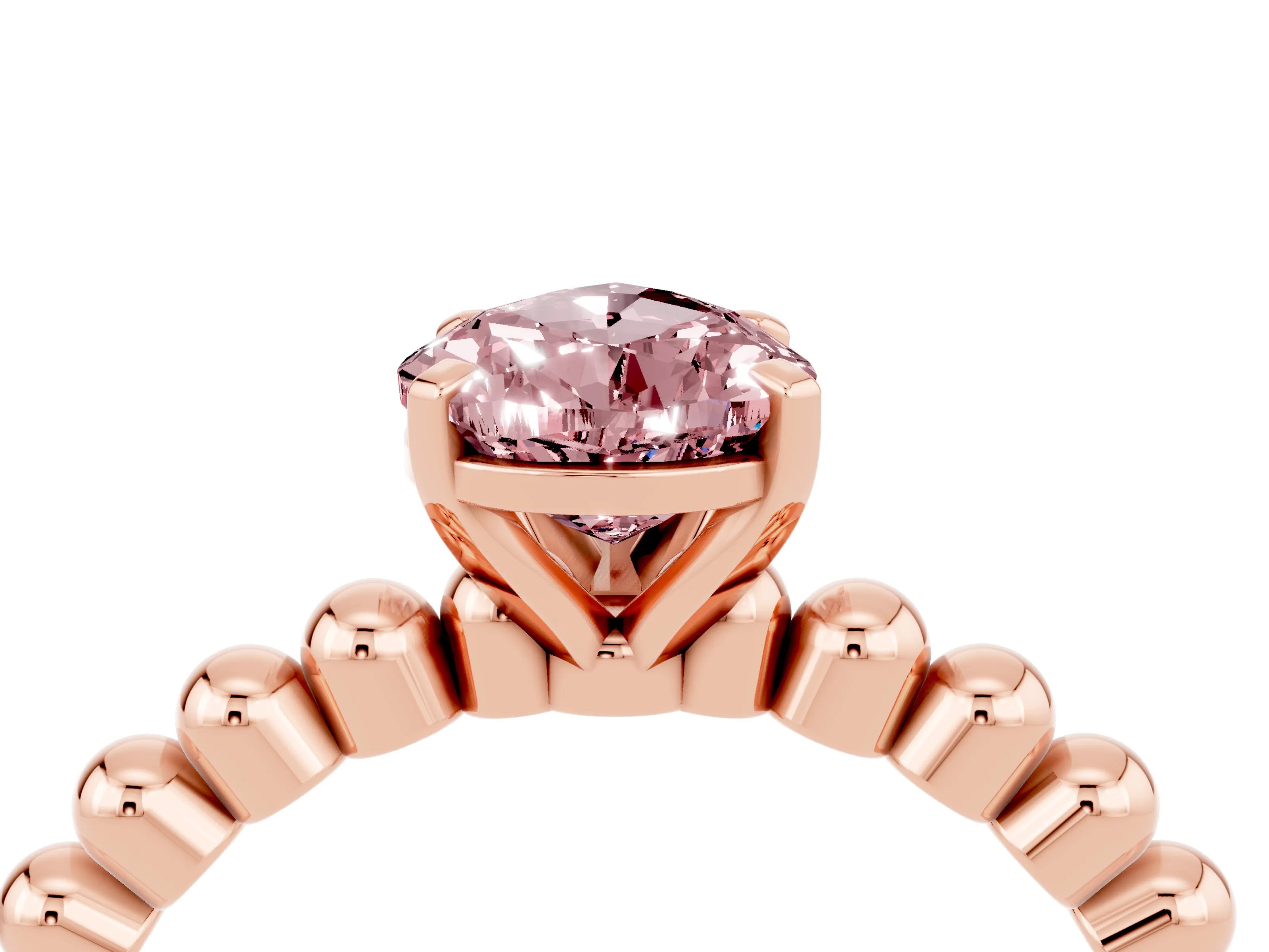 Rose gold Pear Cut Morganite Solitaire Ring with Beaded Band and Prong Setting_4