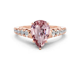 Rose gold Pear Cut Morganite Solitaire Ring with Cathedral Setting and Pavé Band