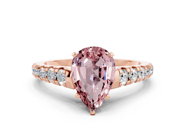 Rose gold Pear Cut Morganite Cathedral Solitaire Ring with Round  Pavé Band