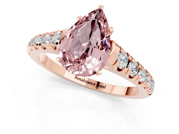 Rose gold Pear Cut Morganite Cathedral Solitaire Ring with Round  Pavé Band