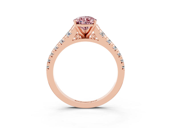 Rose gold Pear Cut Morganite Cathedral Solitaire Ring with Round  Pavé Band