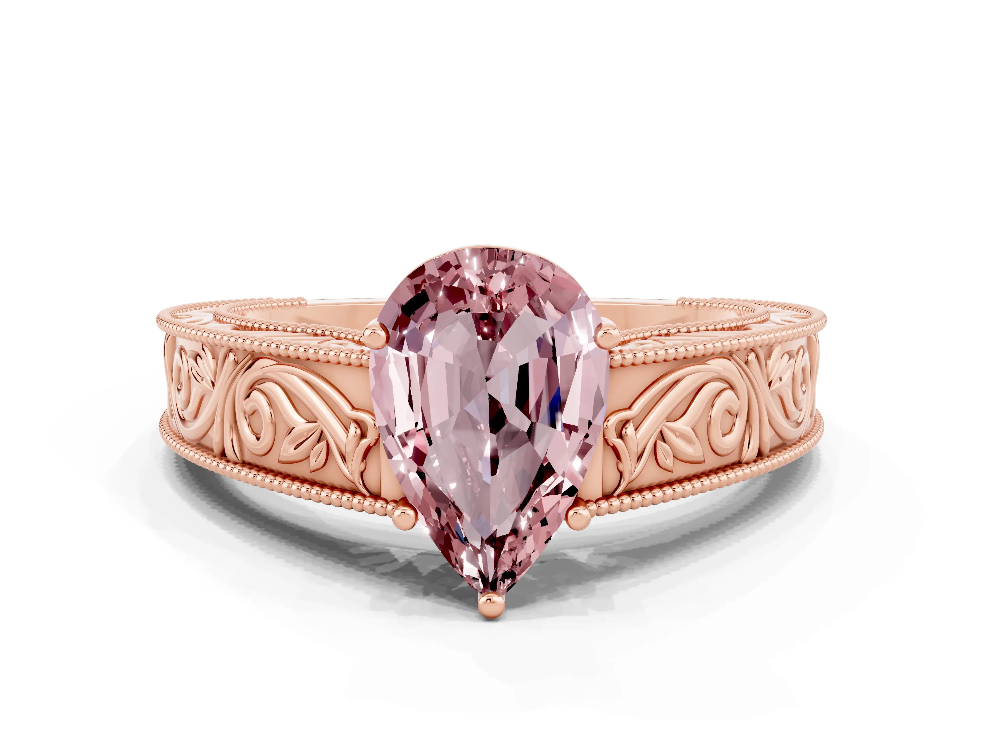 Rose gold Pear Cut Morganite Solitaire Ring with Engraved Band and Four-Prong Setting