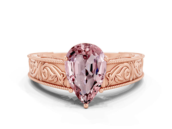 Rose gold Pear Cut Morganite Solitaire Ring with Engraved Band and Four-Prong Setting