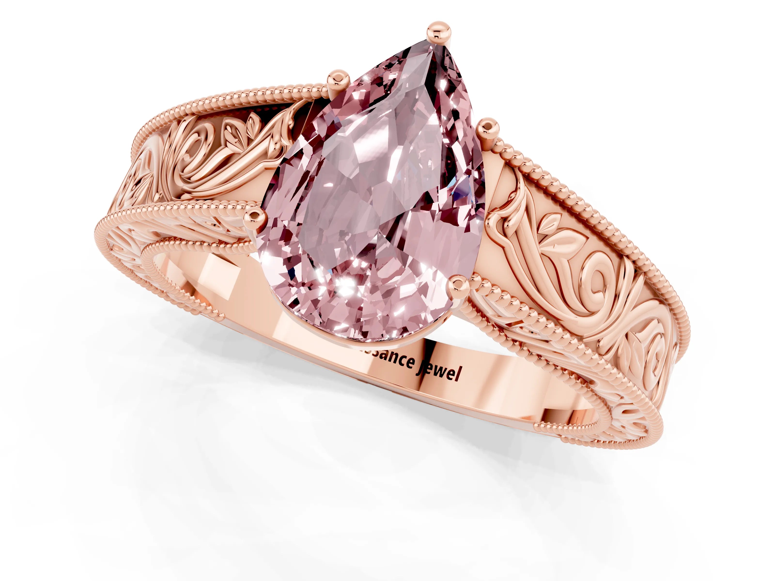 Rose gold Pear Cut Morganite Solitaire Ring with Engraved Band and Four-Prong Setting_1